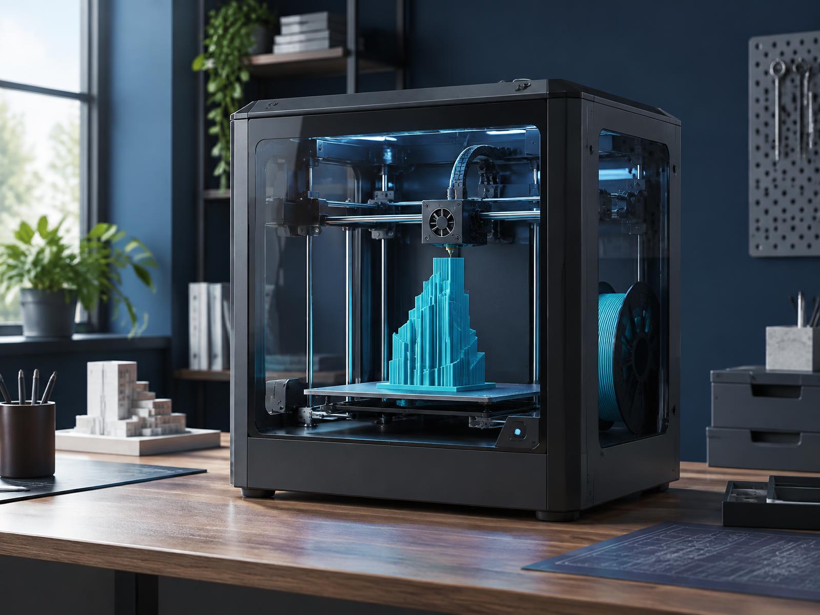 Impressora 3D moderna produzindo uma peça azul